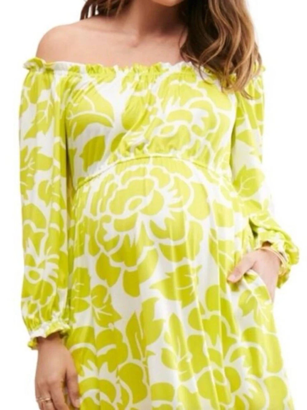 Hutch maternity off shoulder Lime and White Floral Midi Dress 38417